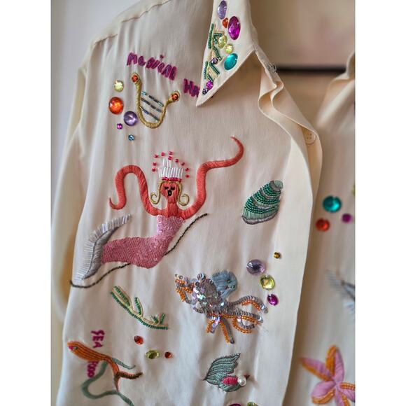 Havana By Hero Group Sz 12 Beaded Embroidered Mermaid Silk Sea Button Up - Picture 4 of 12